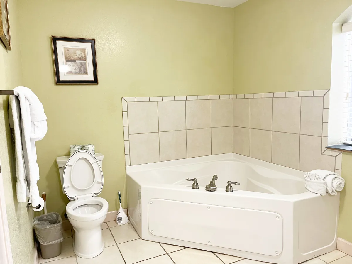 A serene bathroom featuring a jacuzzi tub, framed artwork, towels neatly arranged on a rack, a toilet, and a window letting in soft daylight. The space feels tranquil and spa-inspired.